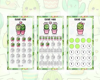 Cute Cactus Challenges | Roll N Save | Printable for Cash Stuffing | A6 | FREE 3 BONUS Mini Savings | 20,60,20 Custom Colorable and 3 Bonus