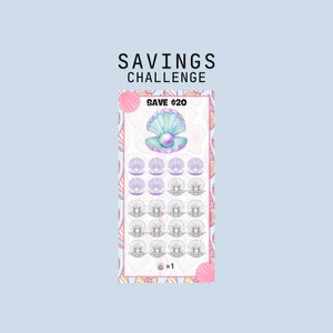 May include: A savings challenge card with a seashell theme. The card features a large, open seashell with a pearl, and smaller seashell icons. The text "SAVINGS CHALLENGE" is at the top, with "SAVE $20" above the large seashell.