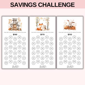 May include: Three savings challenge trackers with illustrations of raccoons, foxes and an owl, and a lamb. Each tracker has a different total savings amount, with circles to color in as money is saved. The text "SAVINGS CHALLENGE" is at the top.