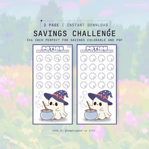 Puede incluir: Dos páginas imprimibles de un rastreador de desafíos de ahorro con un lindo personaje de fantasma. Cada página tiene una cuadrícula de 18 círculos etiquetados como "Potion Savings Challenge" y un fantasma con un sombrero de bruja revolviendo una caldera.