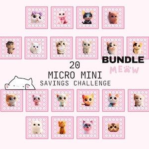 Op de afbeelding: Een roze en witte kaart met 20 vierkanten, elk met een andere cartoonkat. De kaart heeft de titel "20 Micro Mini Savings Challenge Bundle Meow".