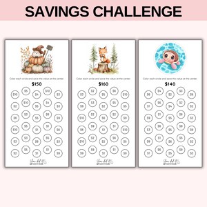 May include: Three savings challenge trackers with illustrations of pumpkins, a fox, and a turtle. Each tracker has a different total savings goal: $150, $160, and $140. The text "SAVINGS CHALLENGE" is at the top.
