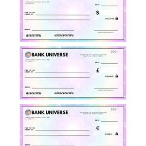 May include: A set of three colorful checkbook covers with a galaxy design. Each cover has a different currency symbol: dollar, pound, and euro. The text "BANK UNIVERSE" is at the top of each cover. The text "Everything I do is going to succeed beyond my wildest dreams." is at the top right corner of each cover.