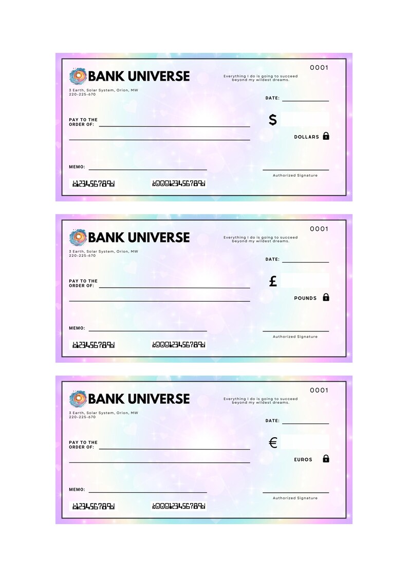 May include: A set of three colorful checkbook covers with a galaxy design. Each cover has a different currency symbol: dollar, pound, and euro. The text "BANK UNIVERSE" is at the top of each cover. The text "Everything I do is going to succeed beyond my wildest dreams." is at the top right corner of each cover.