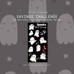 Puede incluir: Descarga digital de un "Savings Challenge" con temática de fantasmas espeluznantes. El diseño incluye ilustraciones de fantasmas, murciélagos y estrellas sobre un fondo negro. La imagen mide 7,6 x 15,2 cm.
