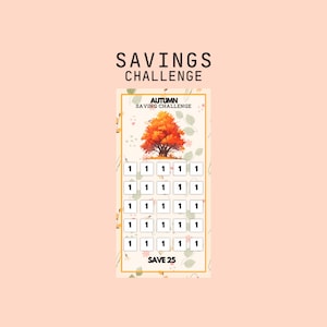 May include: A printable savings challenge chart with an autumn theme. The chart features a colorful fall tree and the text "Autumn Saving Challenge". There are 25 squares on the chart, each with the number "1" inside. The text "Save 25" is at the bottom of the chart.