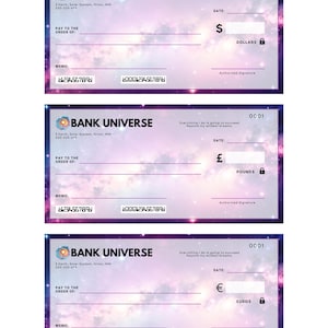 May include: A pink and purple check with a galaxy background. The check is from Bank Universe and has a memo line, account number, and a space for a signature. The check is for 0001 dollars.