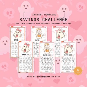 May include: Printable Halloween savings challenge with six pages featuring cute ghost illustrations. Each page has a different savings goal: Save, Save $12, Save $24, and Save $60. The pages are 3x6 inches and are perfect for coloring.