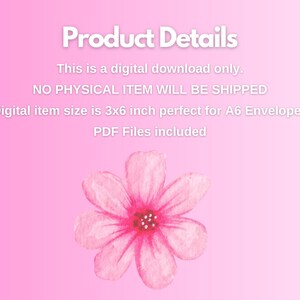 May include: Pink digital download with a watercolor flower illustration. The text reads "Product Details" and includes information about the digital item size, which is 3x6 inches, and PDF files.