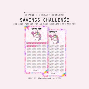 May include: A printable savings challenge tracker with a unicorn theme. The tracker features a pink and white background with candy-themed graphics. The tracker has two pages, each with a unicorn illustration and a grid of 36 candy-shaped spaces to track savings. The text "SAVE $36" and "SAVE $" is visible on the tracker.