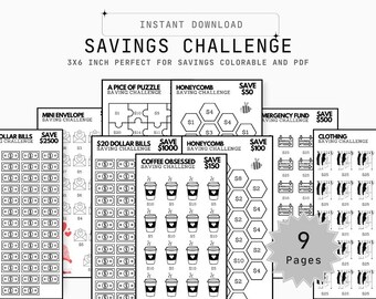9 Different Savings BUNDLE, Printable for Cash Stuffing, A6, Digital Download, Low Budget Colorable, Mini Savings