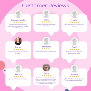 May include: A pink graphic with customer reviews. The text "Customer Reviews" is at the top. Reviews are in speech bubbles with star ratings and customer comments. The reviews mention savings challenges and printable sheets.