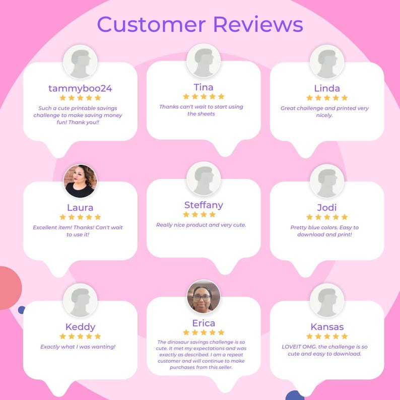 May include: A pink graphic with customer reviews. The text "Customer Reviews" is at the top. Reviews are in speech bubbles with star ratings and customer comments. The reviews mention savings challenges and printable sheets.