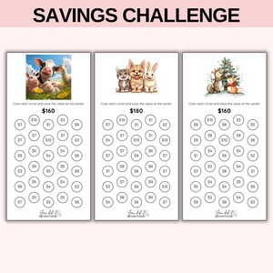 May include: Three savings challenge sheets with different illustrations. The first features a cow, pigs, and sheep, the second a cat, dog, and rabbit, and the third a fox and deer with a Christmas tree. Each sheet has circles with values.