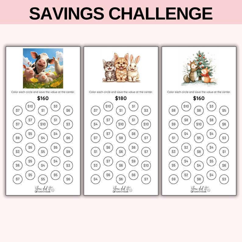 May include: Three savings challenge sheets with different illustrations. The first features a cow, pigs, and sheep, the second a cat, dog, and rabbit, and the third a fox and deer with a Christmas tree. Each sheet has circles with values.