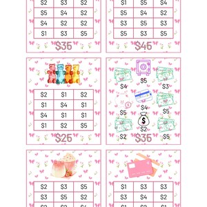 May include: Four pink and white bingo cards with different images and dollar amounts. The cards feature images of balloons, perfume, gummy bears, a safe, a milkshake, and a credit card. The dollar amounts are &pound;35, &pound;45, &pound;25, &pound;35, &pound;40, and &pound;30.