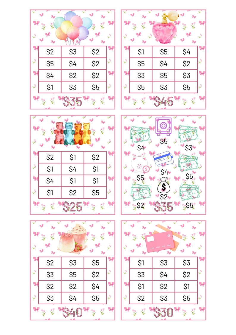 May include: Four pink and white bingo cards with different images and dollar amounts. The cards feature images of balloons, perfume, gummy bears, a safe, a milkshake, and a credit card. The dollar amounts are &pound;35, &pound;45, &pound;25, &pound;35, &pound;40, and &pound;30.