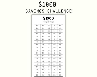 Może przedstawiać: Czarno-biała tabela do wydrukowania z tytułem "$1000 Savings Challenge". Tabela jest siatką z 5 kolumnami i 18 wierszami. Każda komórka zawiera kwotę w dolarach, od $2 do $20.