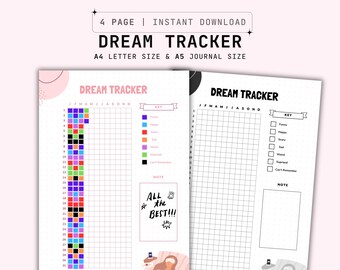 May include: A printable dream tracker with two pages. The first page has a key with colored squares and labels for different dream emotions, such as funny, happy, scary, and weird. The second page has a blank key and a note section. Both pages have a grid for tracking dreams by month.