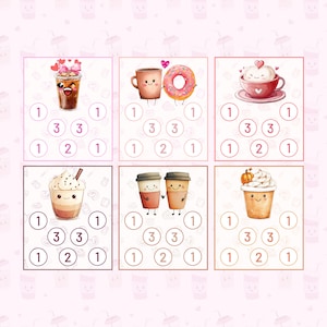 以下が含まれることがあります： 6種類のコーヒーとデザートの組み合わせの水彩イラスト。各画像には、コーヒーカップ、ドーナツ、ラテなど、キュートで笑顔の飲み物やおやつが描かれています。各画像は数字の円で囲まれています。