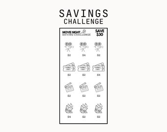 Puede incluir: Un gráfico en blanco y negro que muestra un desafío de ahorro para una noche de cine. El gráfico incluye iconos para una cámara de cine, entradas de cine, una claqueta y palomitas de maíz. El desafío es ahorrar 30 €.