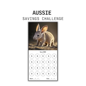 Könnte beinhalten: Ein Spar-Challenge-Diagramm mit einem niedlichen Bilby, einem kleinen Beuteltier aus Australien. Das Diagramm soll dir helfen, 100 € zu sparen, indem du 20 einzelne Einzahlungen von jeweils 5 € tätigst. Das Diagramm enthält einen Bereich, um die Start- und Enddaten deiner Spar-Challenge zu markieren.