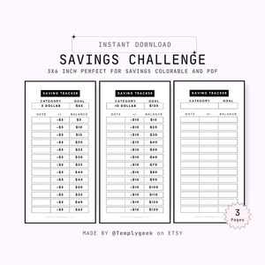 Puede incluir: Tres páginas imprimibles de un rastreador de desafíos de ahorro. Cada página tiene una tabla en blanco y negro con columnas para la fecha, la categoría y el saldo. La primera página es para un objetivo de ahorro de 5 €, la segunda página es para un objetivo de ahorro de 10 € y la tercera página está en blanco. El texto "DESCARGA INSTANTÁNEA" y "DESAFÍO DE AHORRO" está en la parte superior de la página. El texto "3 Páginas" está en la parte inferior de la página.