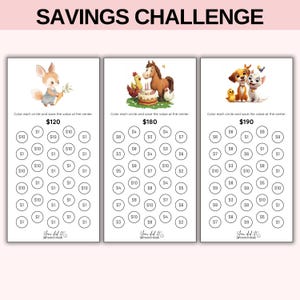 May include: Three savings challenge trackers with illustrations of a rabbit, horse, and cartoon dogs. Each tracker has circles to color and a total savings amount. The text "SAVINGS CHALLENGE" is at the top.