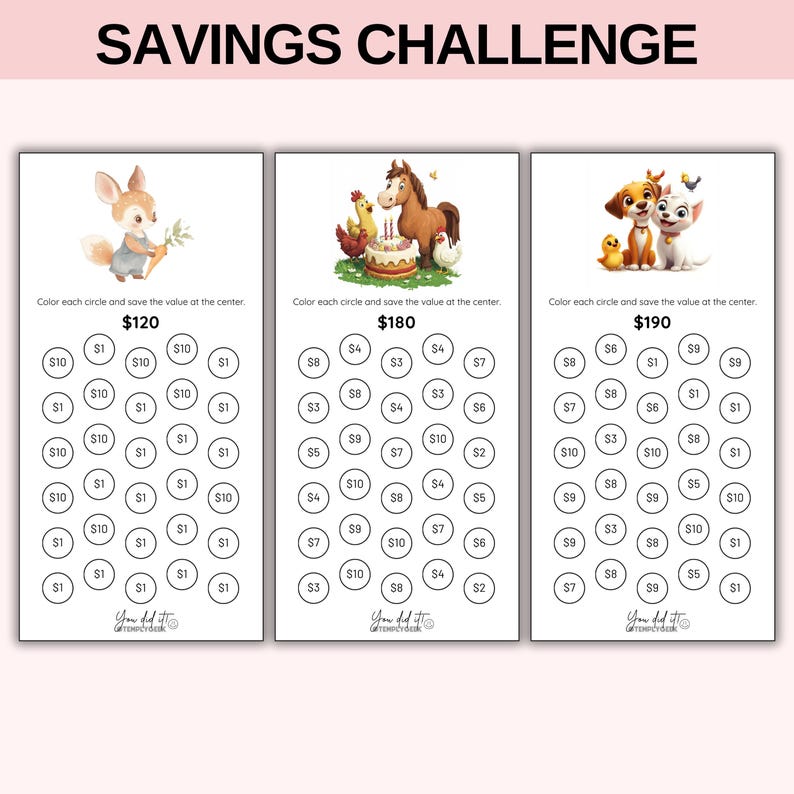 May include: Three savings challenge trackers with illustrations of a rabbit, horse, and cartoon dogs. Each tracker has circles to color and a total savings amount. The text "SAVINGS CHALLENGE" is at the top.