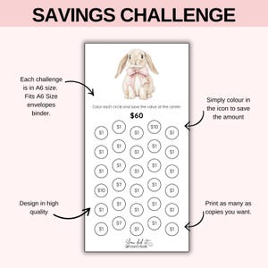 May include: A savings challenge printable with a watercolor illustration of a bunny wearing a pink bow. The design includes circles to color and save, with a total savings goal of $60. Text includes "SAVINGS CHALLENGE" and instructions.