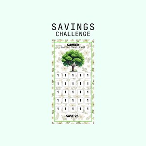 May include: A printable summer savings challenge chart with a green tree and white flowers. The chart has 25 squares with the number 1 in each square. The text "SUMMER SAVING CHALLENGE" is at the top of the chart and the text "SAVE 25" is at the bottom.