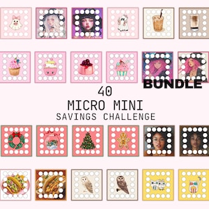 May include: A set of 40 pink and yellow printable micro mini savings challenge cards with various illustrations. The text "40 MICRO MINI SAVINGS CHALLENGE BUNDLE" is at the bottom of the image.