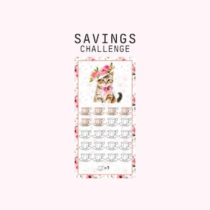 May include: A savings challenge chart featuring a cute cartoon cat wearing a pink flower hat. The chart has 20 teacups, each representing a savings goal. The text "Savings Challenge" is at the top of the chart. The text "Cup = £1" is at the bottom of the chart.