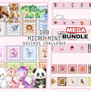 May include: A pink and white printable 100 Micro Mini Savings Challenge bundle with a variety of cute animal and holiday themed designs. The bundle includes a mega mini bundle with 100 different designs.