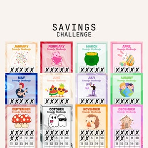 Puede incluir: Un calendario de desafío de ahorro con un diseño colorido e ilustraciones para cada mes. El calendario incluye una cuadrícula con los números del 1 al 15 para cada mes.