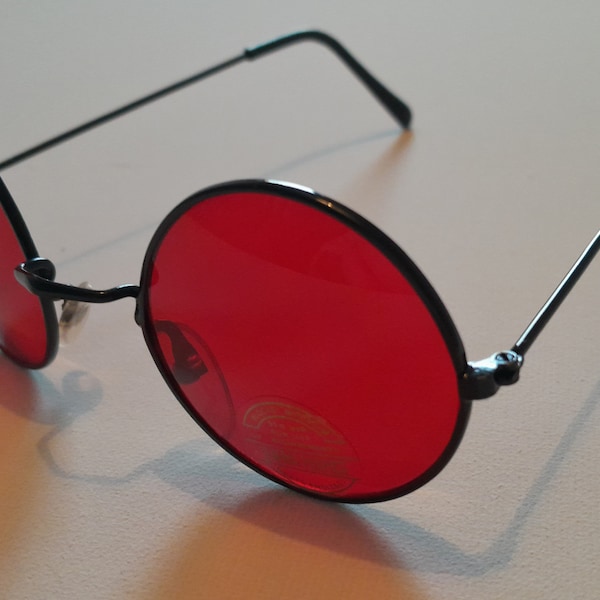 Rare True Vintage Round Sunglasses Red lens Black Frame 120mm Temple 1980's John Lennon Style Authentic 80's Shades