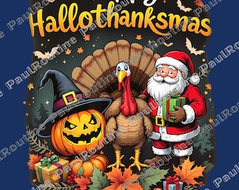 Può includere: Illustrazione digitale con la scritta "Happy Hallothanksmas". L'immagine presenta una zucca con cappello da strega, un tacchino e Babbo Natale con un regalo. Foglie d'autunno e pipistrelli sono sparsi.