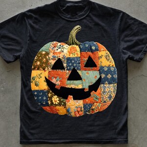 Citrouille patchwork d'Halloween (PNG), motif floral automnal effrayant, téléchargement numérique instantané