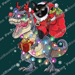 Puede incluir: Ilustración digital de un gato negro vestido de Papá Noel montado en un dinosaurio decorado con luces navideñas. El dinosaurio lleva un regalo. La imagen tiene el texto "NEW DIGITAL" en la parte superior.