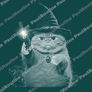 May include: A digital illustration of a cat wearing a witch hat and holding a gun. The cat has a serious expression and is set against a teal background. The text "NEW DIGITAL" is at the top.