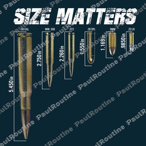 May include: A dark teal graphic with the text "SIZE MATTERS" in white. The image displays a series of bullets with their sizes in inches: .50 CAL (5.450 in), WIN .308 (2.750 in), .223 (2.260 in), .38 SPL (1.550 in), 9MM (1.169 in), and .22 LR (.9850 in).