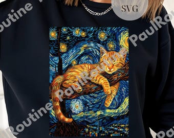 Starry Night Cat Shirt, Cat Sleeping PNG, Cat Mom Shirt, Van Gogh Cat Shirt, Black Cat Shirt, Funny Cat Gift, Van Gogh Black Cat Shirt