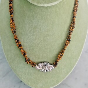 TIGER EYE beaded necklace with 2 strands & with Sterling Silver 925 art deco clip closure Made in Italy Tiger&#39;s eye