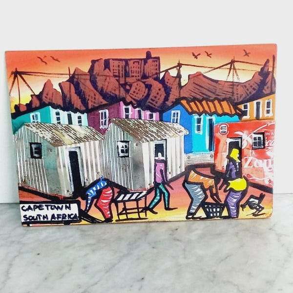 SOUTH AFRICAN oil painting on wood of Cape Town township 3D with recycled cans Coca Cola tin hand painted