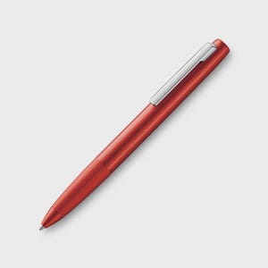 May include: A red pen with a silver clip. The pen has a sleek, modern design and is angled slightly to the right. The pen is a solid red color and appears to be made of metal.