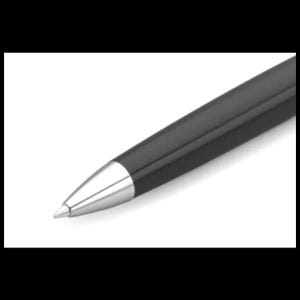 K&ouml;nnte beinhalten: Nahaufnahme eines schwarzen Kugelschreibers mit silberner Spitze. Der Stift hat eine glatte, gl&auml;nzende Oberfl&auml;che und ein schlichtes, elegantes Design. Der Stift ist leicht angewinkelt, wodurch seine stromlinienf&ouml;rmige Form und die Metallspitze zur Geltung kommen.