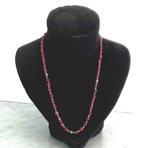 Ruby red jade beaded long chain necklace with copper. In gift pouch. Hand made in Italy. Original Vintage from 1970s. Layering Necklace