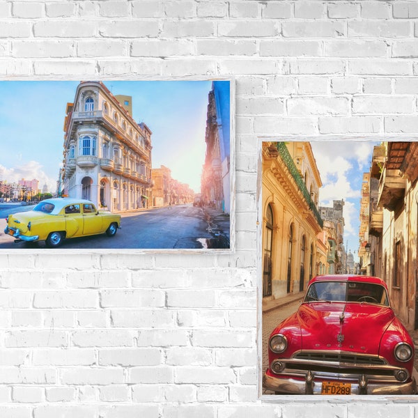 photo set Cuba retro cars on the streets of Havana. Red retro car, Yellow retro car, streets of Havana, Cuban flavor, Cuba. Havana city.
