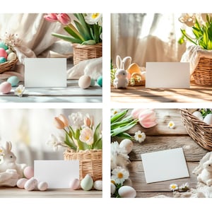 4er Set Ostern Poster Mockups, Ostern Willkommen Schild Mockup, Frühling Ostern Postkarte Mockup, Herzlichen Glückwunsch, Einladung Mockup, Karten Mockup