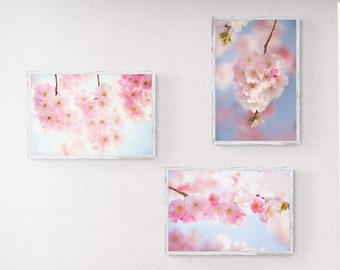 Photo Cherry Blossom Art Print Set Of 3, Blush Pink Floral Wall Art, Sakura Wall Art, digital downloadSakura Print Set,, Minimalist Wall Art